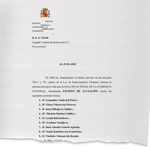 Первый лист обвинительного заключения испанской прокуратуры по делу «русской мафии»: обвинительное заключение передано в суд 19 октября 2015 года