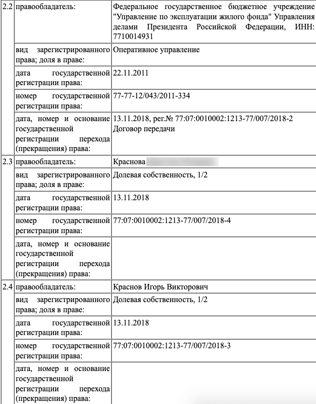 Так выглядела выписка на квартиру семьи Краснова в январе 2020 года. Сейчас фамилии заменены на «Российскую Федерацию»